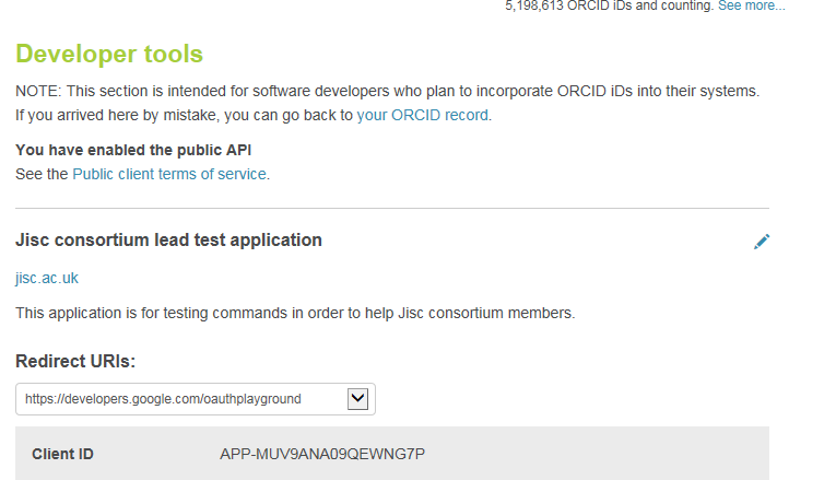 Screenshot of developer tools activation for ORCID