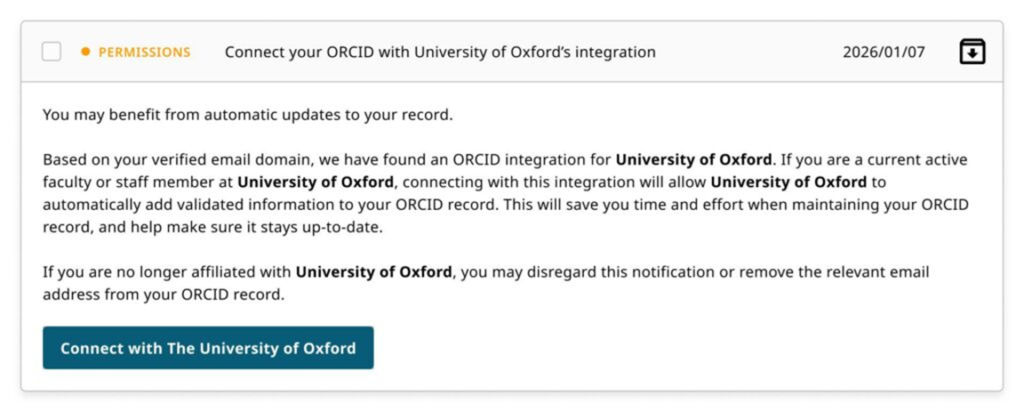 Screenshot shows the message sent to an ORCID researcher to alert them to a relevant integration. Text inside the screenshot reads: There is a button to connect to the University of Oxford.